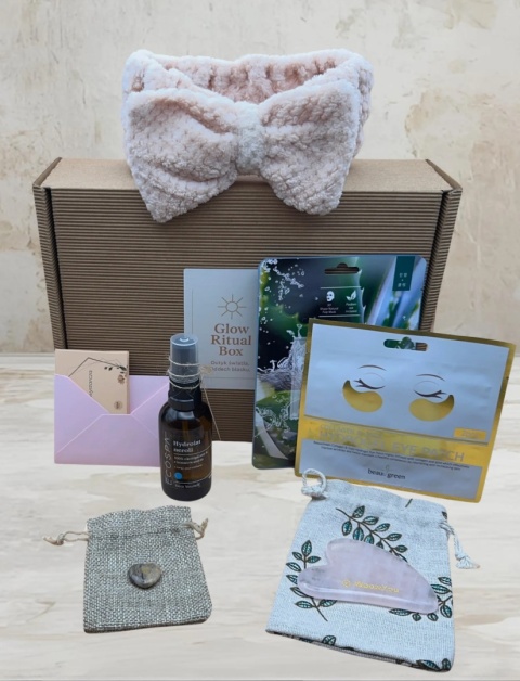 Glow Box – luksusowy box z maseczkami, olejkiem, opaską SPA, gua sha i kamieniem afirmacyjnym